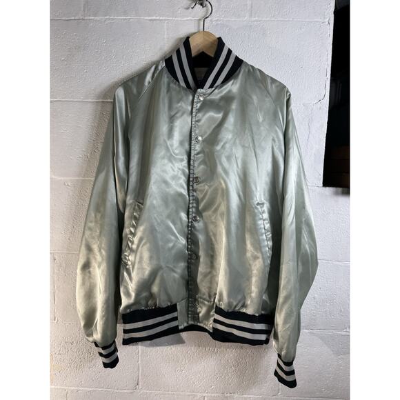 Vintage Satin Bomber Jacket Unisex Large Gray 70s 80s Harrington Coat Varsity - Picture 9 of 9